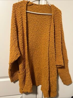 Cozy Open-Front Loop Popcorn Knit Cardigan - Mustard M